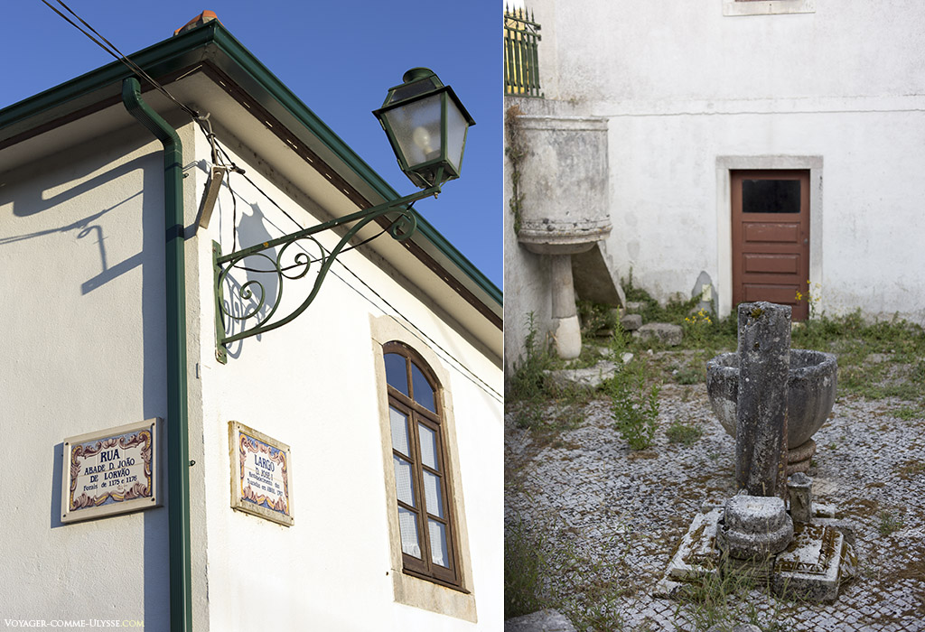deux photos : celle de gauche présente du mobilier urbain, celle de droite une vieille fontaine dans une cour.