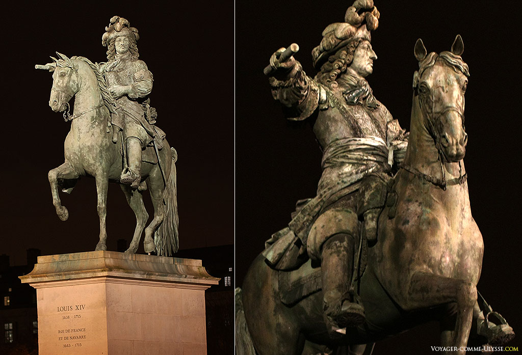 Statue équestre de Louis XIV. Malgré ses disproportions, elle a fière allure, cette statue!