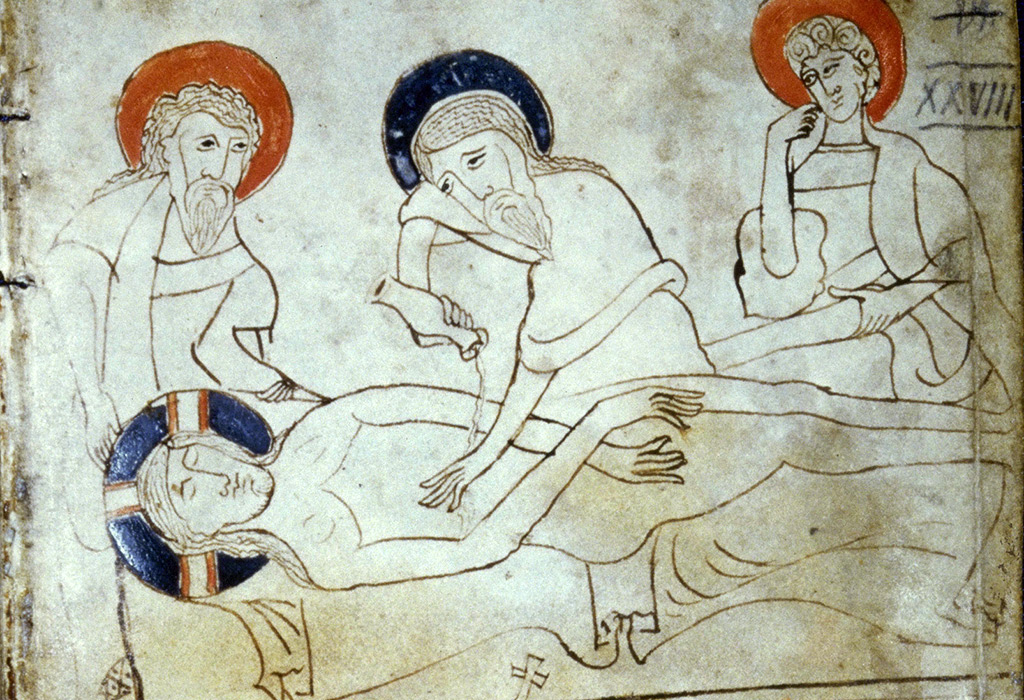Détail d'une page du Codex Pray, où l'on voit Jésus dans la même position que sur le Saint Suaire.