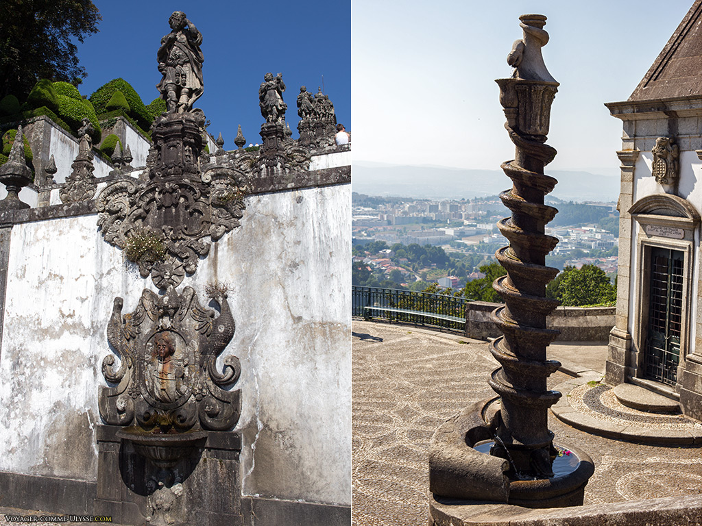 A gauche, la fontaine de la Vision. A droite, une des deux fontaines serpent.