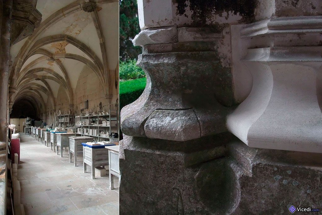 L'atelier de restauration et travail de la pierre, avec un des résultats de ce chantier permanent à droite.